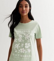 New Look Light Green Floral Paris Crew Neck Logo T-Shirt
